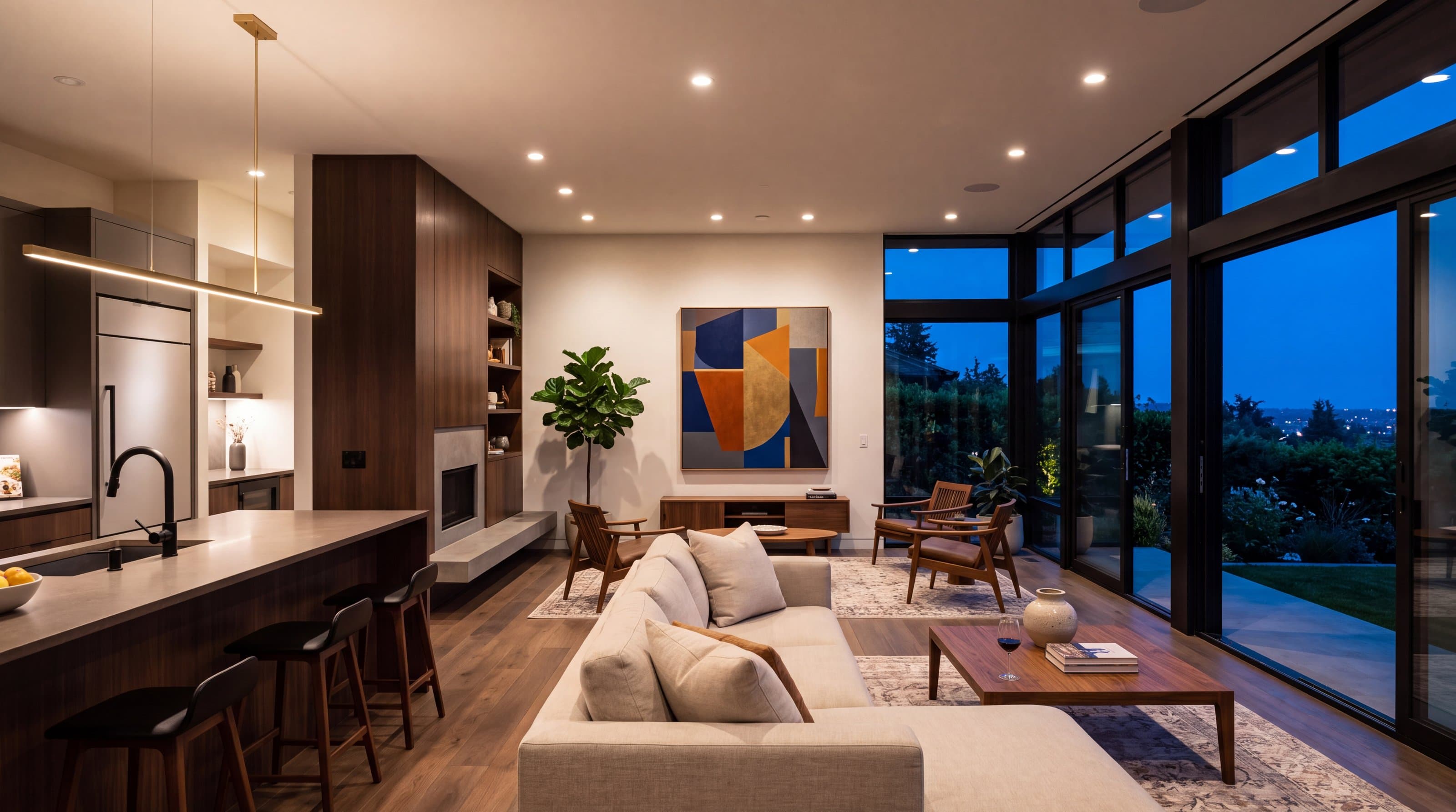 Interior de una casa contemporánea iluminada al anochecer